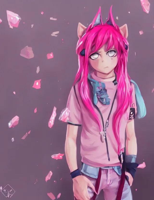 Image similar to cute anime boy with pink hair and pink wolf ears and pink wolf tail wearing stylish clothes. very detailed digital painting, trending on artstation, octane render, random artists