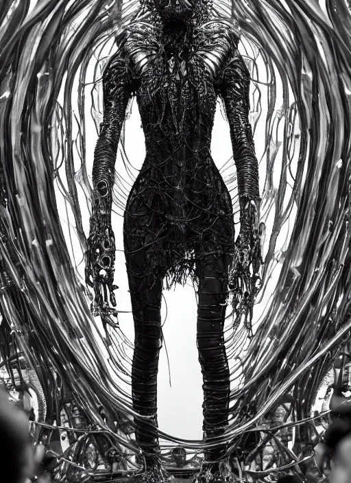 Image similar to walking down the catwalk, ben watts, show, stage, vogue photo, podium, fashion show photo, historical baroque dress dark, iris van herpen, beautiful woman, masterpiece, intricate, biopunk, vogue, full body shot, alien, plant predator, guyver, giger, wires, tubes, veins, jellyfish, white biomechanical details, highly detailed