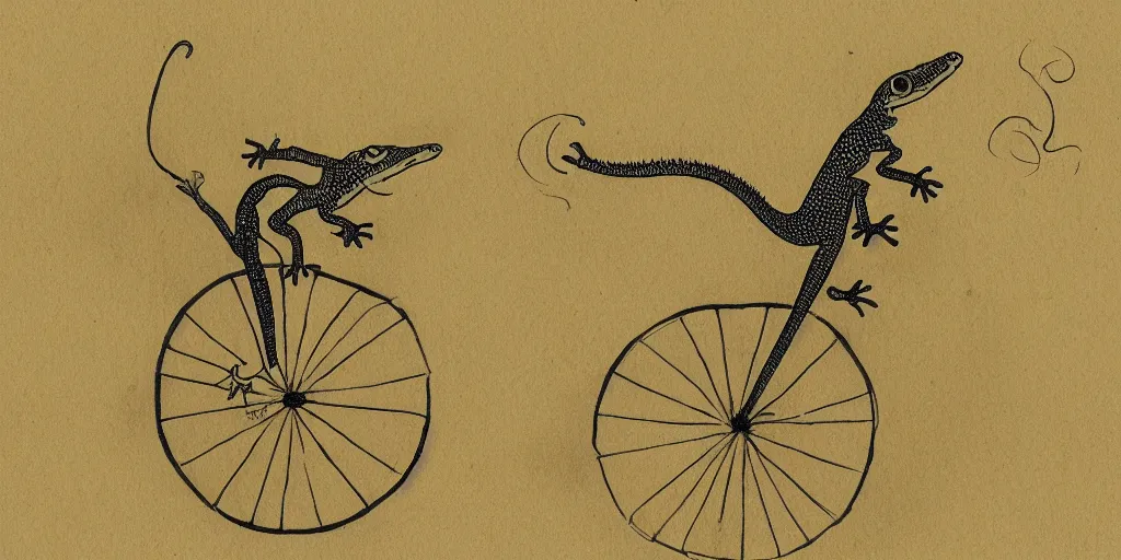 Image similar to a gecko riding a unicycle at dawn, yellowed paper, pen and ink, 1 5 0 0 s, 8 k resolution