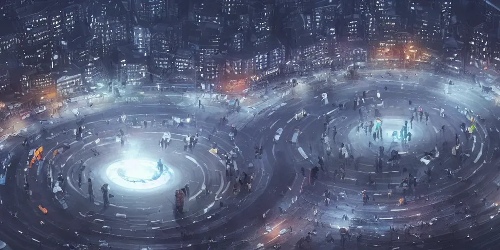 Image similar to a lot of policemen protect a huge spiral - shaped luminous object right in the center of the city from protesting people, night, rain and light fog, professional lighting, concept art in 3 d, high detail, professional lighting