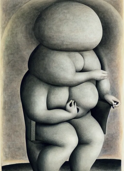 Prompt: fat man sitting on chair, sweat, fat, frustrated, art by gertrude abercrombie and hans bellmer and william blake