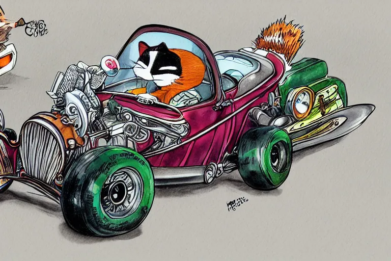 Prompt: racoon riding in a tiny hot rod coupe with oversized engine, ratfink style by ed roth, centered award winning watercolor pen illustration, by chihiro iwasaki, edited by range murata