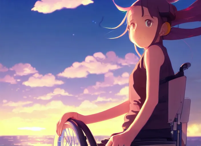 Prompt: portrait of smiling cute girl on futuristic wheelchair, sunset sky in background, beach landscape, illustration concept art anime key visual trending pixiv fanbox by wlop and greg rutkowski and makoto shinkai and studio ghibli and kyoto animation, symmetrical facial features, future clothing, backlit