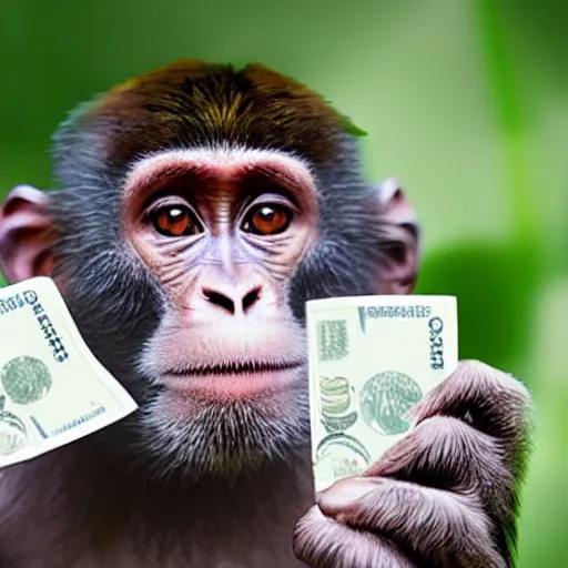 Photograph of a monkey holding money bills, 4k, highly | Stable Diffusion