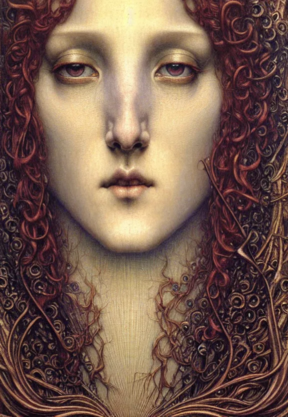 Image similar to detailed realistic beautiful young medieval queen face portrait by jean delville, gustave dore and marco mazzoni, art nouveau, symbolist, visionary, gothic, pre - raphaelite. horizontal symmetry