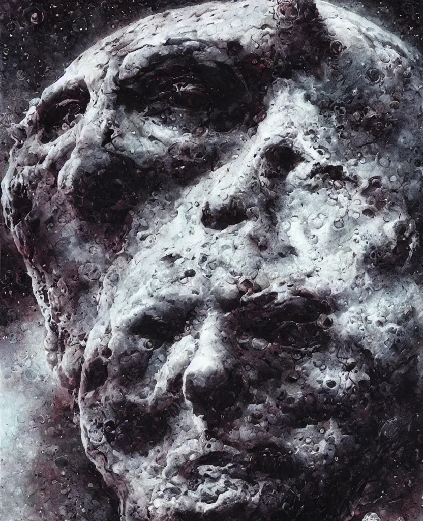 Image similar to moon made from thousands corpses of Nicolas Cage, highly detailed, artstation, art by (((Szukalski))), wayne barlowe, phil hale