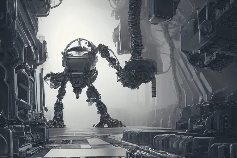 Image similar to robosaurus parallax datacenter server room interior single mono colossus white rusty robot sitting artstation cinematic detailed concept art volumetric light sharp coherent cgsociety symmetric perfect well balanced shadows lotr servers