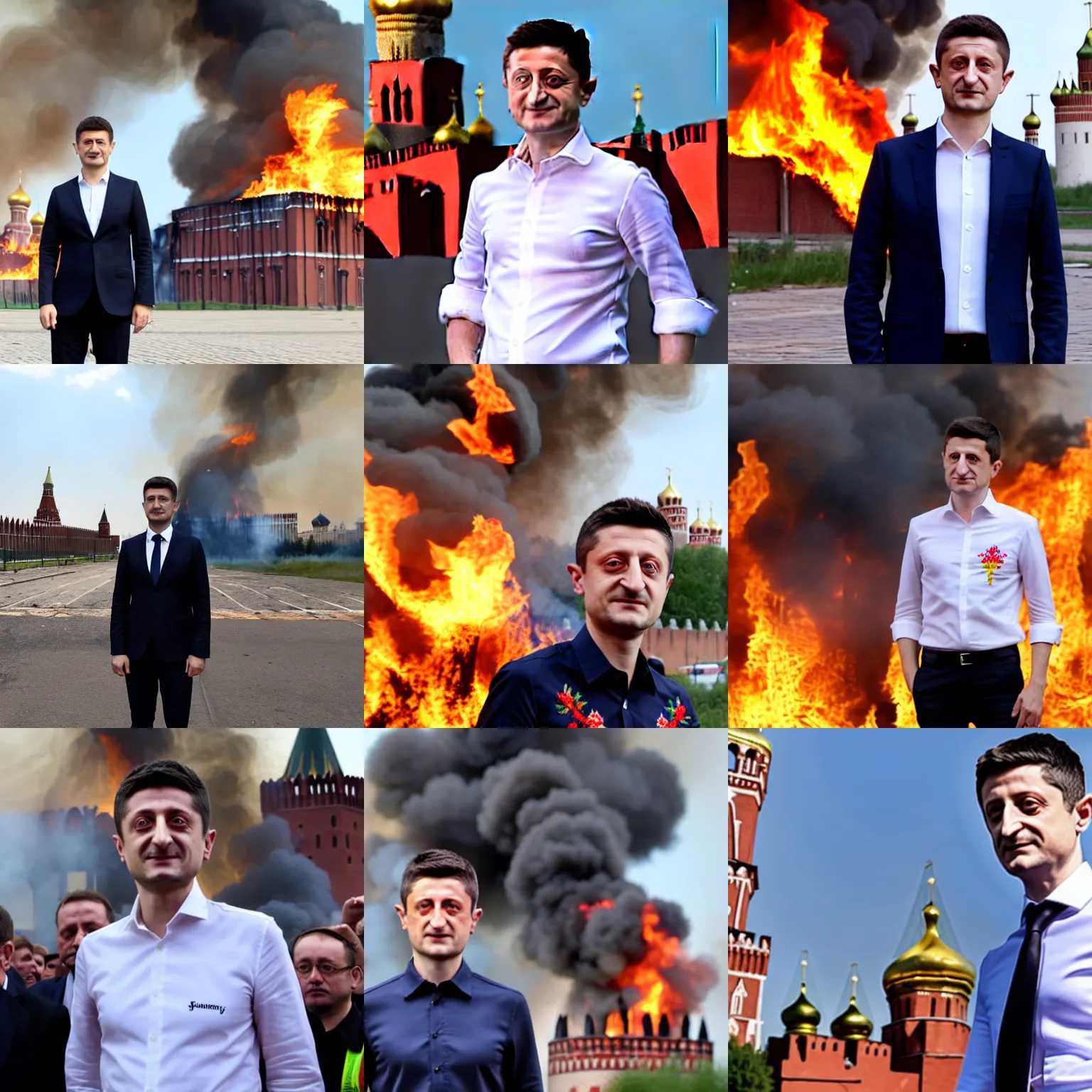 Prompt: Vladimir Zelensky in embroidered shirt standing in front of burning Kremlin