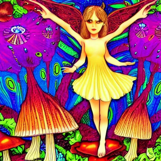 Prompt: fairy with psychedelic mushroom background