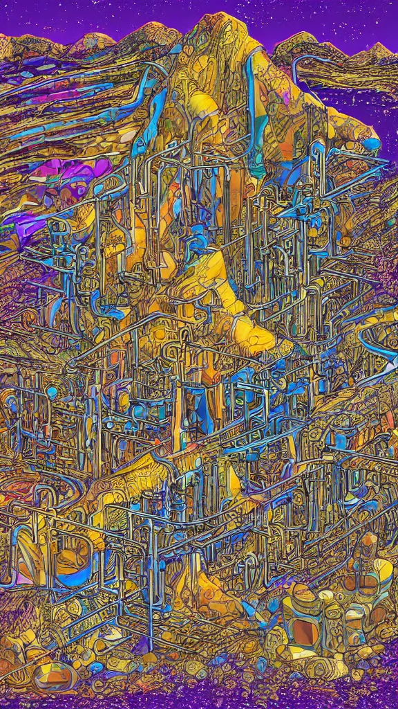 Image similar to macro photography of the giant psychedelic magical machine embedded within the mountain, sedimentary rock and marble, industrial machinery, pistons and valves, super conducters, reactor circuits. Isometric geology illustration in the style of Luis García Mozos