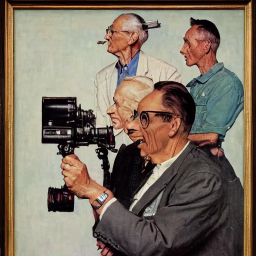 Image similar to norman rockwell painting of a man holding a large television - video - camera