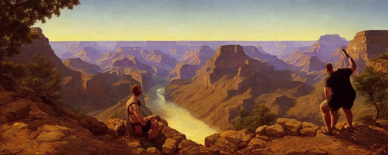 Image similar to romantic painting, wide shot of a chubby man in wearing a t - shirt and jorts ( looking at his cellphone )!!!!!! in front of a the grand canyon at sunrise, highly detailed, sublime, hyperrealistic, painted by caspar david friedrich and albert bierstadt, trending on artstation 8 k