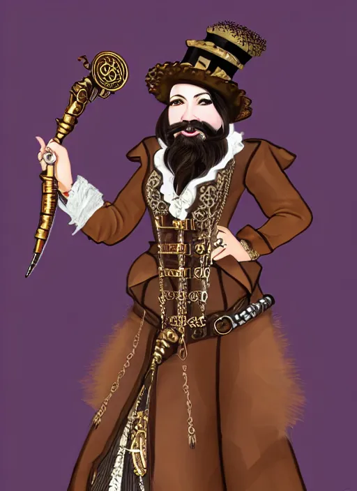 Image similar to Steampunk beard female dwarf glamor bard speaker of a small town and fashionable female in high-end Oscar de la Renta