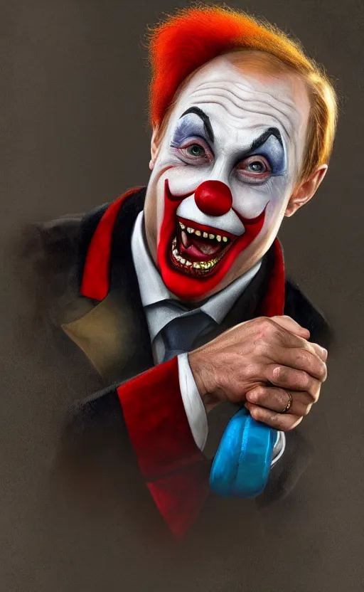 Prompt: portrait of Putin as a clown, matte painting, trending on artstation, very detailed