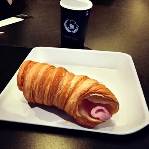 Prompt: Percy Pig eating a croissant at Pret in Gatwick Airport, Greg Rutkowski