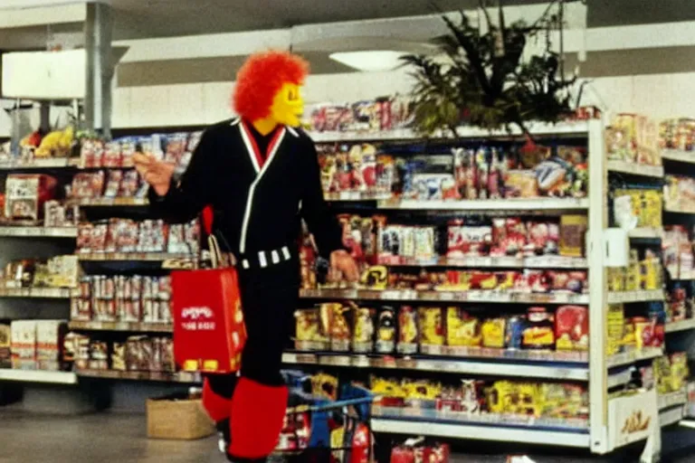 Prompt: a still ronald mcdonald shoplifting from a grocery store in the tv show the a - team, vcr recording