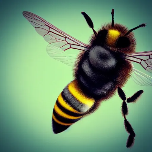 Image similar to 3 d render of a bee, close up shot, blurry background