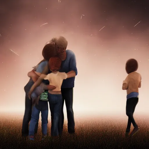 Image similar to A family hugging each other for the last time as the world is ending, meteors are falling from the sky, everything is on fire, dramatic lighting, digital art, very very very very very very beautiful, 8K, dark lighting, trending on Artstation, award winning