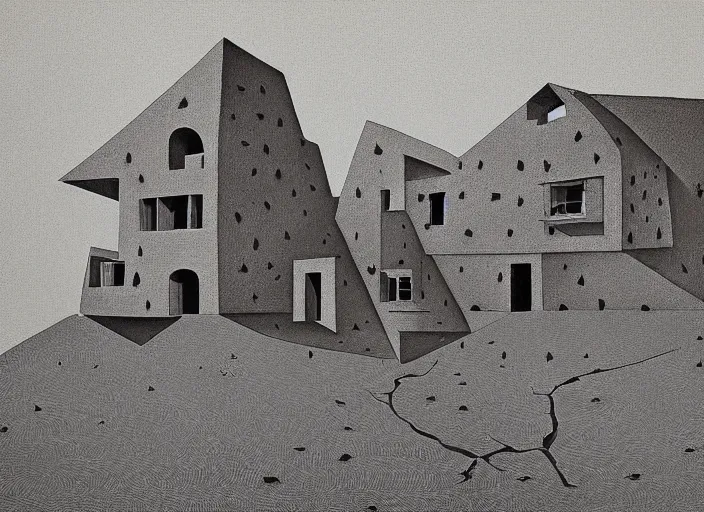 Image similar to a house in a desert landscape, painting by mc escher, very detailed, illusion, surreal!!!, trending on artstation, beautiful art