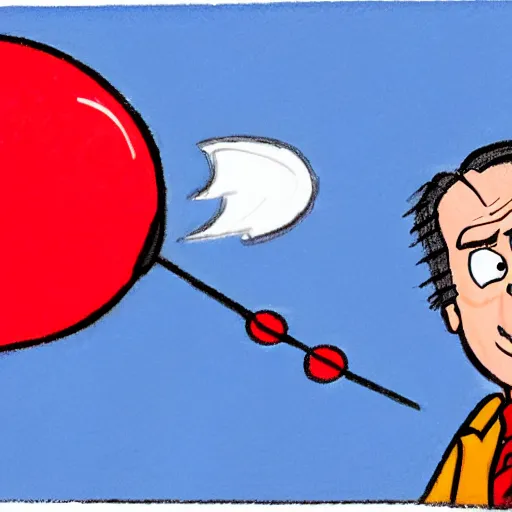 Image similar to saul goodman throwing dart at red ballon, cartoon drawing