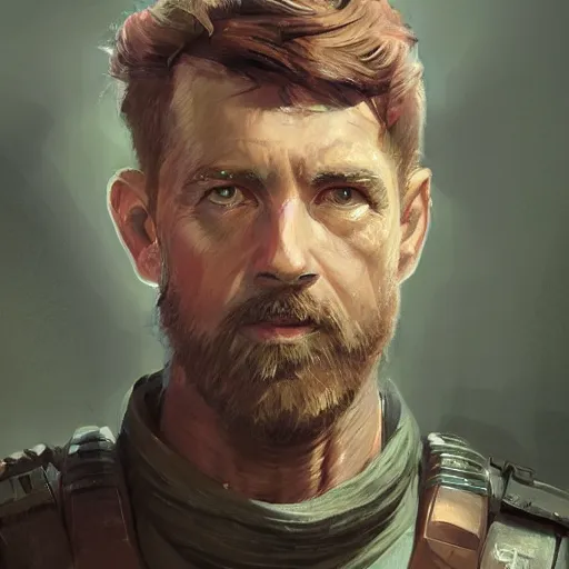 Prompt: portrait of a man by greg rutkowski, a jedi commander, scottish features, short copper hair, short beard, straight jaw, wise appearance, wearing the tactical gear of the galactic alliance, star wars expanded universe, he is about 4 0 years old, highly detailed portrait, digital painting, artstation, concept art, smooth, sharp foccus ilustration, artstation hq