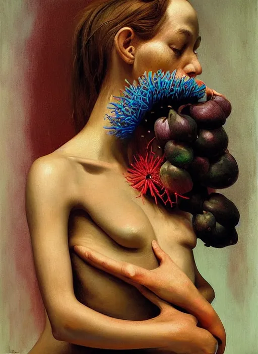 Image similar to Oil painting - She Eats of the Strangling Fruit and Her gossamer polyp blossoms bring iridescent fungal flowers whose spores black the foolish stars by Jenny Saville, Abstract brush strokes, Masterpiece, Edward Hopper and James Gilleard, Zdzislaw Beksinski, Mark Ryden, Wolfgang Lettl highly detailed, hints of Yayoi Kasuma