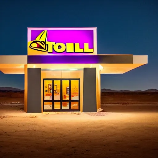 Prompt: cinematic fill still of a Taco Bell in the desert, Sigma 500mm f/5 shot from a far at night