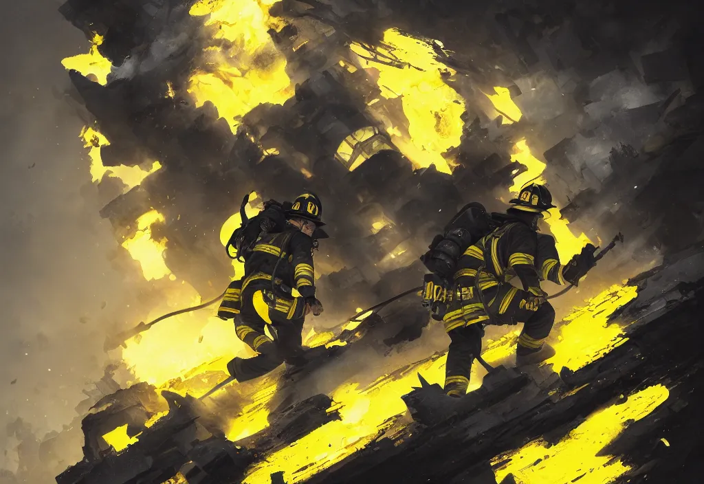 Image similar to heroic firefighter in action in black and yellow uniform, sharp details, sharp focus, dynamic, highly detailed, illustration, by jordan grimmer and greg rutkowski and pine ( ハイネ ) and 薯 子 imoko and 香 川 悠 作 and wlop and maya takamura, intricate