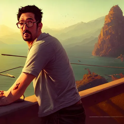 Image similar to highly detailed portrait of markiplier as a puppet in gta v, stephen bliss, unreal engine, fantasy art by greg rutkowski, loish, rhads, ferdinand knab, makoto shinkai and lois van baarle, ilya kuvshinov, rossdraws, tom bagshaw, global illumination, radiant light, detailed and intricate environment