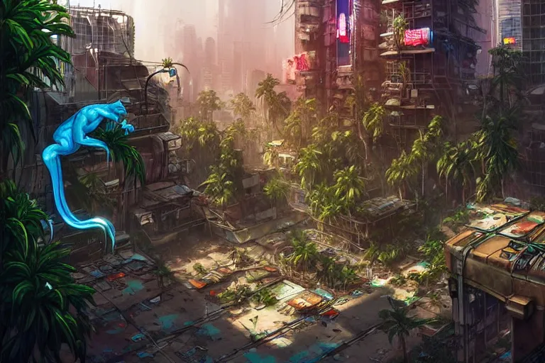 Image similar to a cyberpunk city in ruins, jungle plants overgrowing the streets and buildings, cats run through the ruins, drinking from pools of water and climbing on old fallen signs, by artgerm and amano and rutkowski and kincaid, trending on artstation