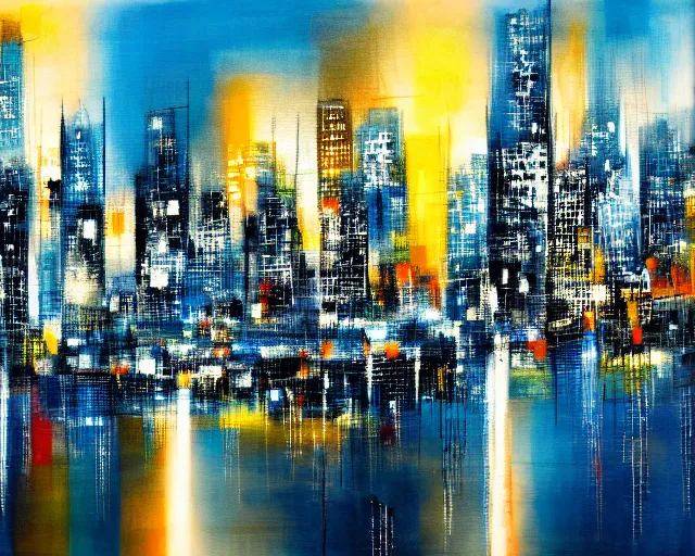 Prompt: an abstract picture of a city at night, an abstract painting by otake chikuha, pixiv, lyrical abstraction, mixed media, cityscape, dynamic composition