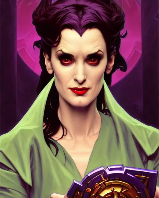 Prompt: winona ryder as scream queen, supervillain, villainess, comic cover painting, masterpiece artstation. 8 k, sharp high quality artwork in style of wayne reynolds, alphonse mucha, greg rutkowski, and don bluth, concept art by jack kirby, blizzard warcraft artwork, hearthstone card game artwork