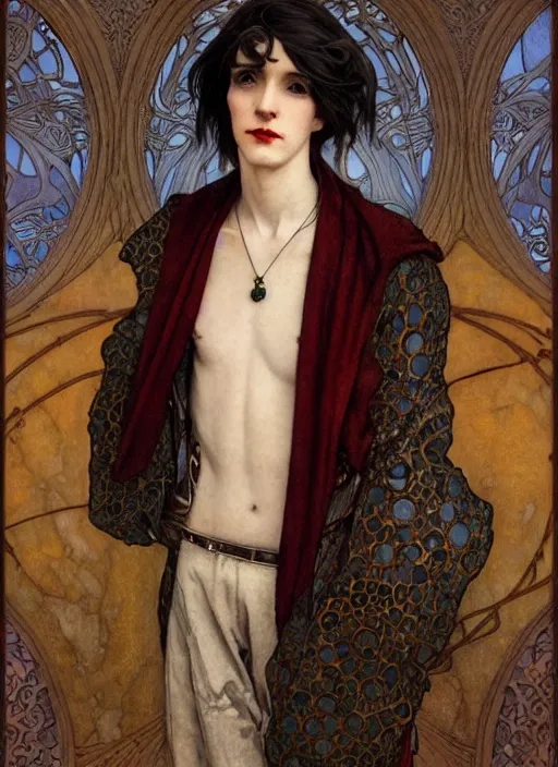 Image similar to edmund dulac, leyendecker, highly detailed portrait, a beautiful androgynous young ron wood, long hair, tall and thin, wearing several pendants, art nouveau, stephen bliss, unreal engine, by greg rutkowski, loish, ferdinand knab, ilya kuvshinov, rossdraws, tom bagshaw, alphonse mucha, global illumination, radiant light