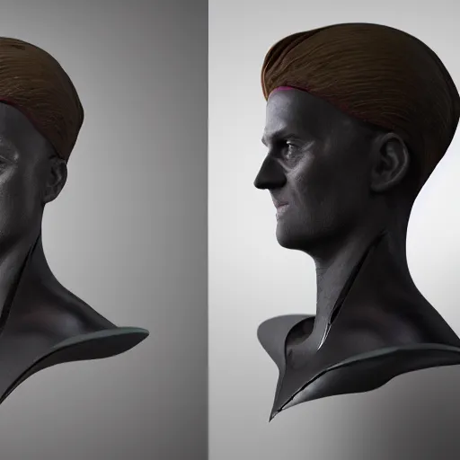 Image similar to hyperrealistic 3 d render of a bust of knight with futuristic fashion elements inspired by ludvig holmen, brilliantly colored, kingdoms of ether, octane render, 3 d animated, unreal engine 5, volumetric lighting, hdr, studio lighting, smooth surface, 8 k