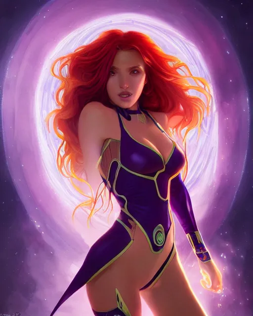 Image similar to ultra realistic illustration, bella thorne as starfire anime, intricate, elegant, highly detailed, digital painting, artstation, concept art, smooth, sharp focus, illustration, art by artgerm and greg rutkowski and alphonse mucha and wlop