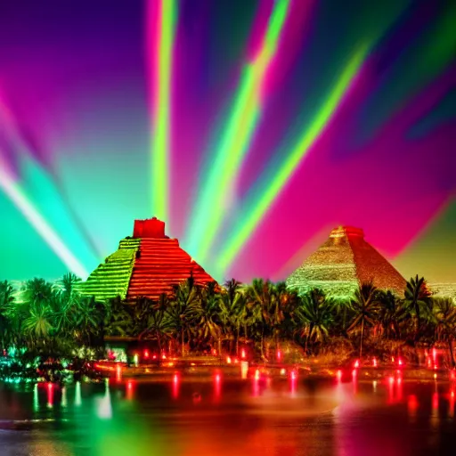 Image similar to cityscape full of mayan pyramids with neons and ufos in the sky viewed from a lake in retrowave style 4 k