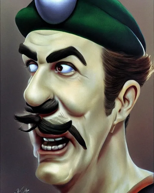 Prompt: luigi from mario bros, hyperrealistic portrait by by jean gireaud and salvador dali