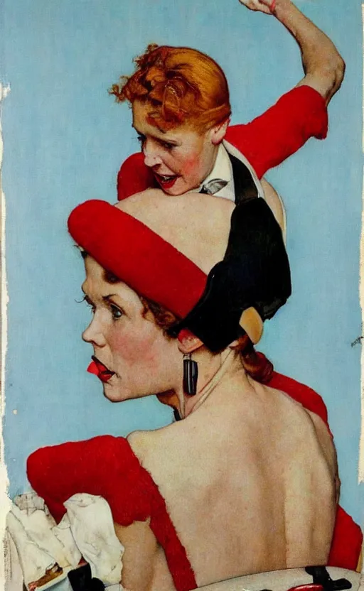 Prompt: a portrait made by norman rockwell!! of a red head woman! on an ocean liner!!!