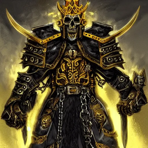 lich king wearing black and gold armor with skulls and | Stable Diffusion