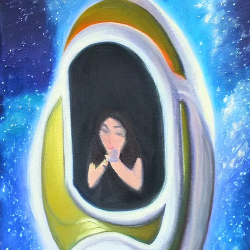 Image similar to oil painting of a girl lost in space