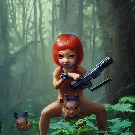 Image similar to dark scene of a tiny squirrel warrior holding blasters, surrounded by glowing eyes in the forest, realistic shaded lighting poster by ilya kuvshinov katsuhiro otomo, magali villeneuve, artgerm, jeremy lipkin and michael garmash and rob rey
