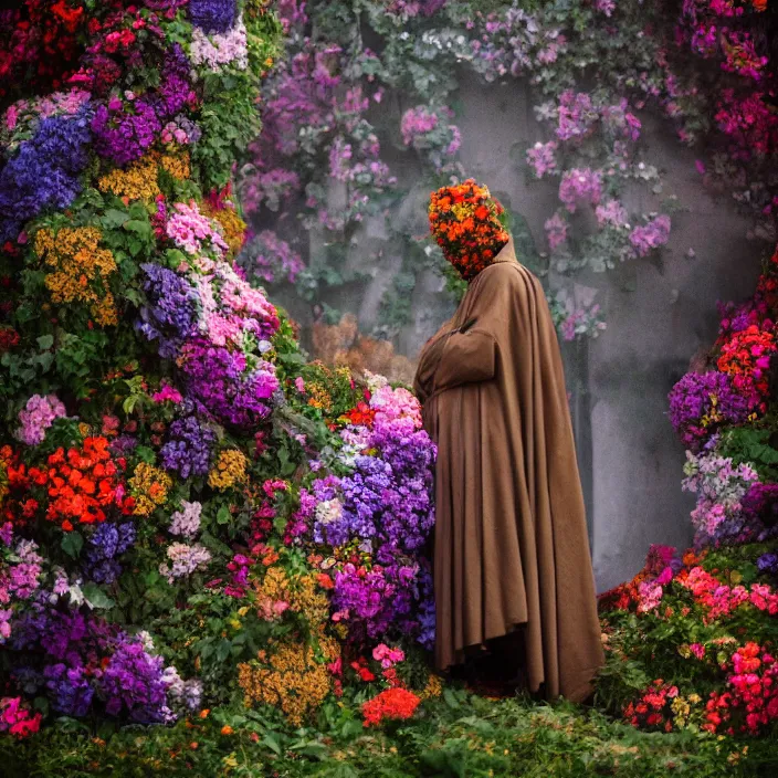 Prompt: a golem wearing a cloak made of flowers, by Omar Z. Robles, CANON Eos C300, ƒ1.8, 35mm, 8K, medium-format print