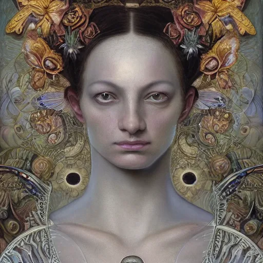 Prompt: a baroque neoclassicist closeup renaissance portrait of a flower queen with moth wings with iridescent geometric patterns, reflective detailed textures, dark fantasy science fiction painting by diego rivera and jean delville and sam spratt and dulac and donato giancola, dramatic lighting, gleaming silver and soft muted colors, floral tattoos, artstation, octane render