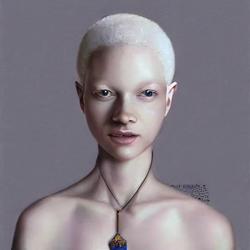 Image similar to A masterpiece portrait of a Incredibly beautiful albino African albino girl albino model.Sharpen With big bright African jewelry. In wonderful African clothes. Vogue. trending on artstation, digital art, by Stanley Artgerm Lau, WLOP, Rossdraws, James Jean, Andrei Riabovitchev, Marc Simonetti, Yoshitaka Amano