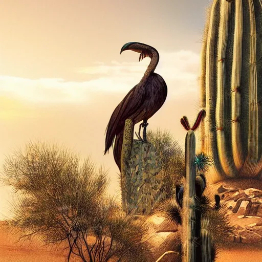 Image similar to A full body dodo bird perched atop a Saguaro cactus in the desert, digital art, trending on Artstation, high detail, sharp focus, illustration, art by artgerm and greg rutkowski and alphonse mucha.