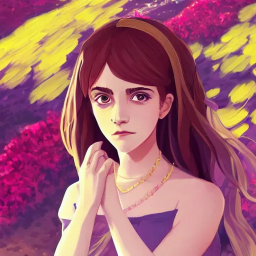 Image similar to portrait of Emma Watson as Hermione, dressed as Cleopatra, field of flowers background, rich vivid colors, ambient lighting, dynamic lighting, 4k, HQ, anime key visual, makoto shinkai, ilya kuvshinov, lois van baarle, rossdraws, detailed, trending on artstation