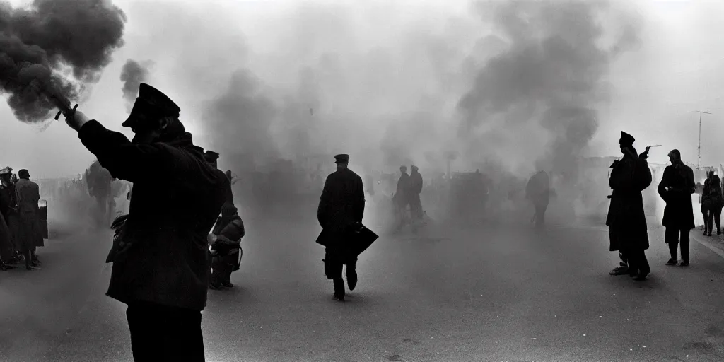 Image similar to street photo, war, revolution, smoke on the street, a lot of people, film photography, exposed b & w photography, christopher morris photography, bruce davidson photography, peter marlow photography