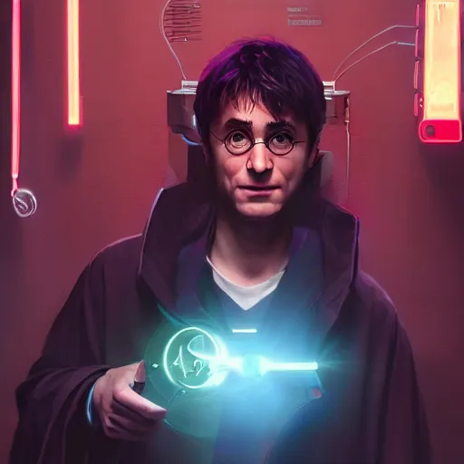 Image similar to portrait of Harry Potter with implants in cyberpunk, neon lighting, holding laser wand, digital art from artstation by Ruan Jia and Mandy Jurgens and Artgerm and william-adolphe bouguereau and Greg Rutkowski and Wayne Barlowe