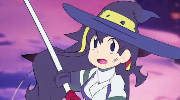 Prompt: Anime Screenshot of a LITTLE WITCH ACADEMIA AKKO HOLDING A KATANA at night, strong blue rimlit, visual-key, Nighttime Moonlit, anime illustration BY STUDIO TRIGGER