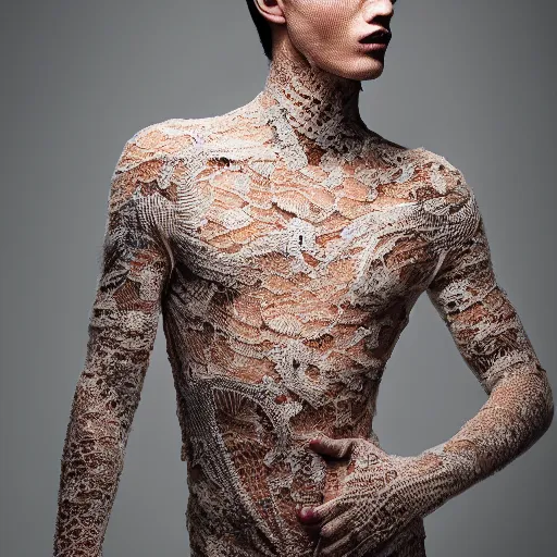 Prompt: a portrait of a beautiful young male wearing an alexander mcqueen bodysuit made of rock lace , photographed by andrew thomas huang, artistic